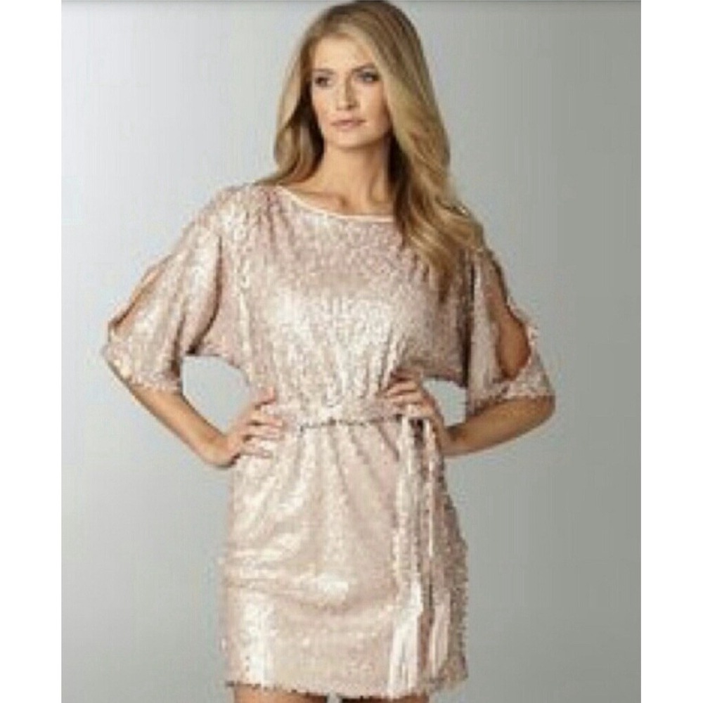 NEW Jessica Simpson Pink Sequin Tie Open Shoulder Mini Dress Size XS